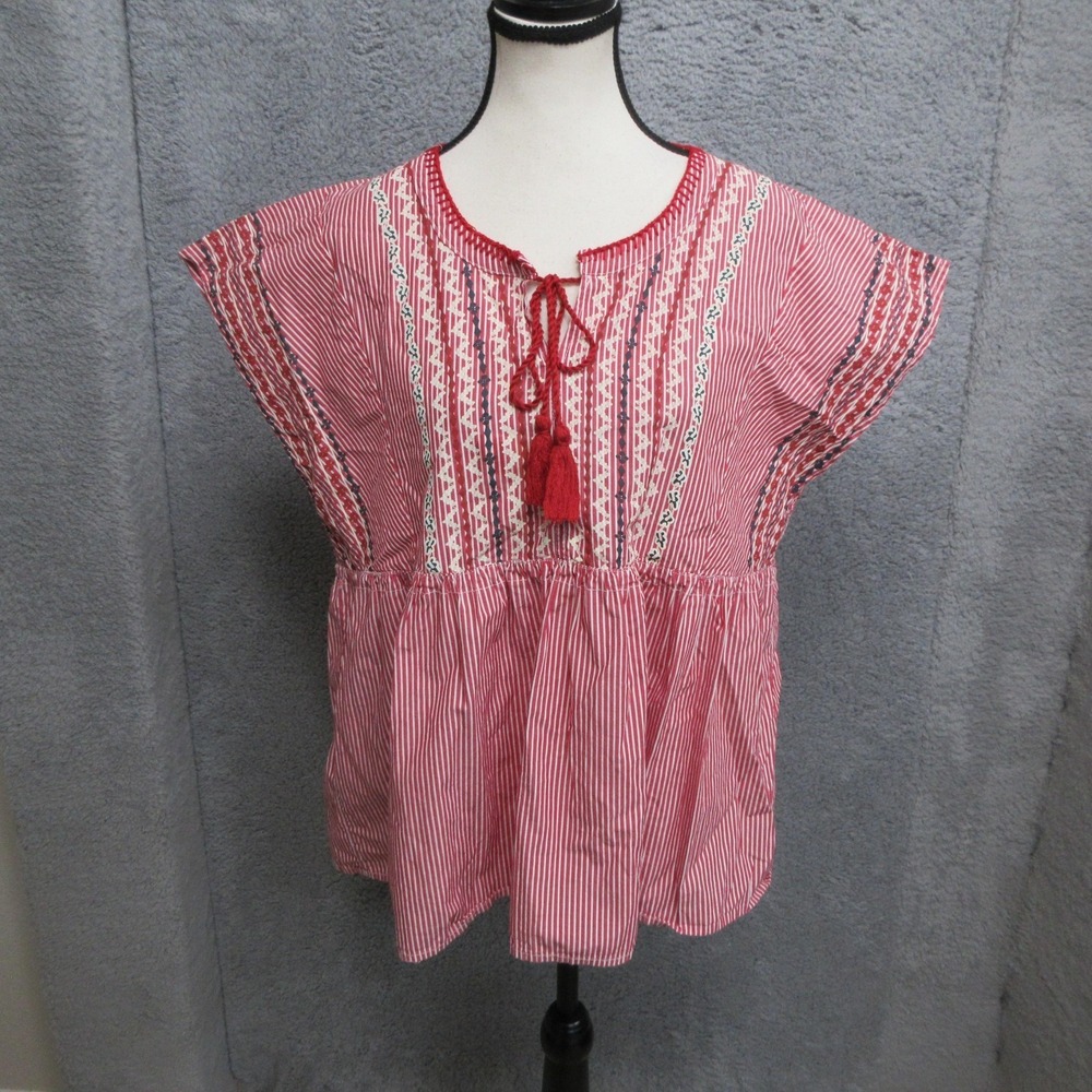 OSO Casuals Boho Tunic Shirt Womens Large Red Striped Embroidered Tasselled Top